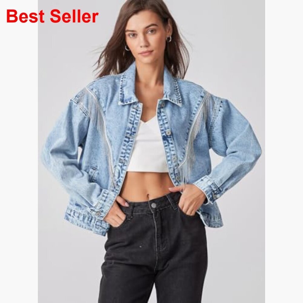 Fringed Denim Jacket Oversized Tassel Sparkly Western Style - Picture 4 of 7